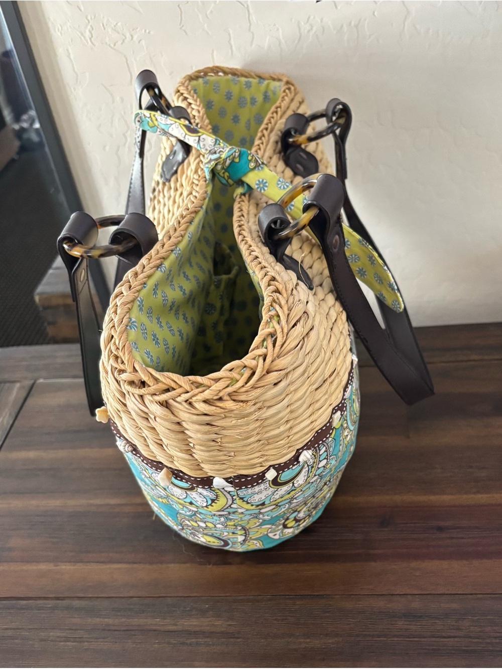 Vera Bradley Teal and Lime Paisley Woven Tote with Dark Brown Handles - Picture 2 of 4